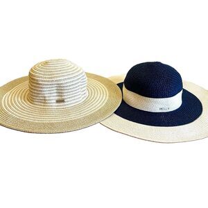 AMIANI Women’s Wide Brim Straw Sun Hat, Beige/Navy Colorblock, One Size